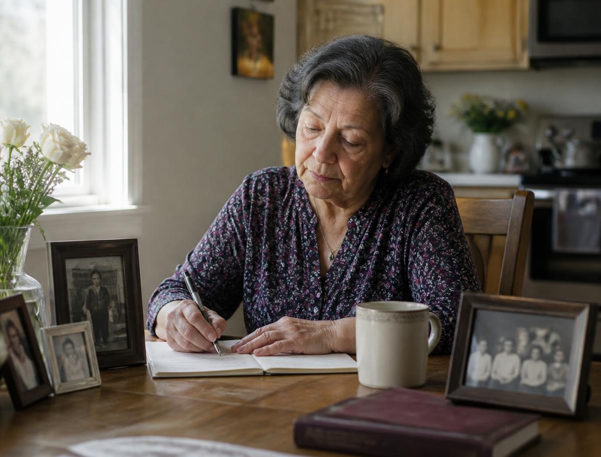 Woman in her sixties writing at her kitchen table beside family photographs